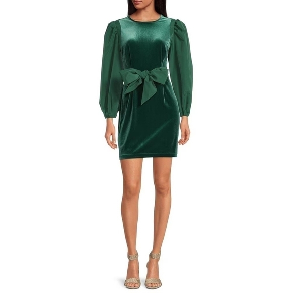 LDT Dresses & Skirts - LDT Hannah NWT Stretch Velvet Bow Sash Crew Neck Puff Long Sleeve Dress Size 6